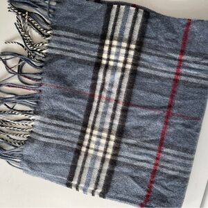 Simons Cashmink Blue Plaid Fringe Scarf with Red and Cream Accents